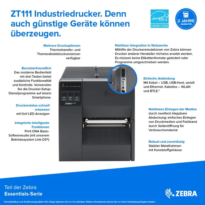 Etikettendrucker Zebra ZT111, 8 Punkte/mm (203dpi), EPL, EPLII, ZPL, ZPLII, USB, USB-Host, RS232, BT (BLE), Ethernet