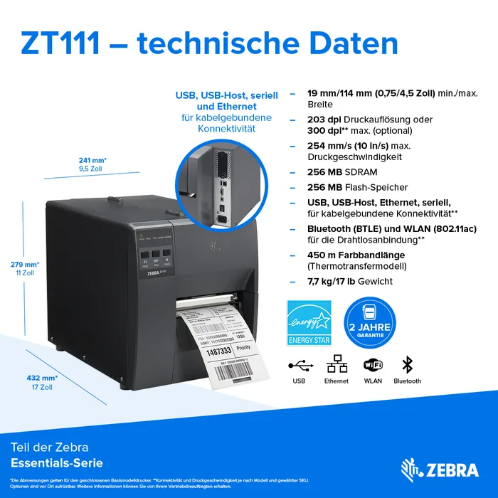 Etikettendrucker Zebra ZT111, 8 Punkte/mm (203dpi), EPL, EPLII, ZPL, ZPLII, USB, USB-Host, RS232, BT (BLE), Ethernet
