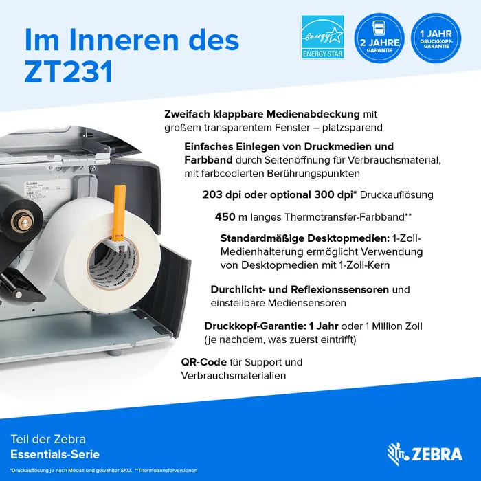 Etikettendrucker Zebra ZT231, Thermotransfer, 8 Punkte/mm (203dpi), Display, EPL, ZPL, ZPLII, USB, USB-Host, RS232, BT (BLE), Ethernet
