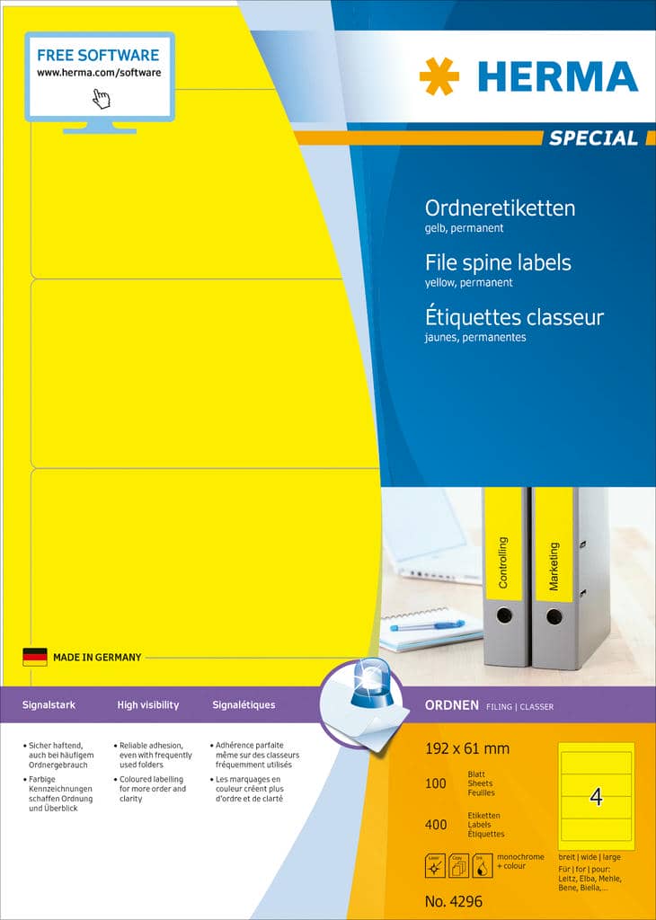 Ordner-Etiketten gelb – 192 x 61 mm