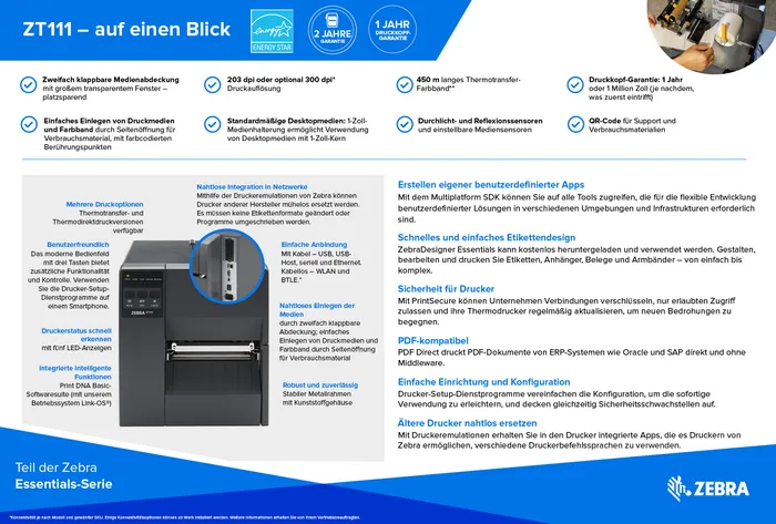 Etikettendrucker Zebra ZT111, 8 Punkte/mm (203dpi), EPL, EPLII, ZPL, ZPLII, USB, USB-Host, RS232, BT (BLE), Ethernet
