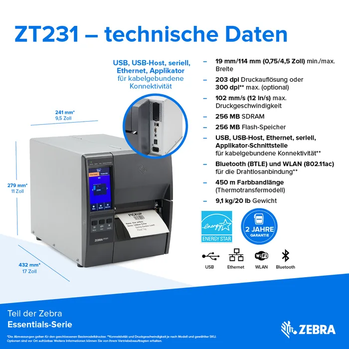 Etikettendrucker Zebra ZT231, Thermotransfer, 8 Punkte/mm (203dpi), Display, EPL, ZPL, ZPLII, USB, USB-Host, RS232, BT (BLE), Ethernet