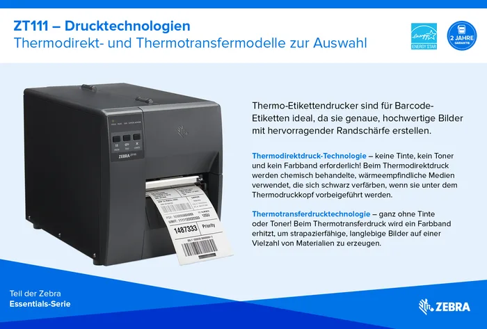Etikettendrucker Zebra ZT111, 8 Punkte/mm (203dpi), EPL, EPLII, ZPL, ZPLII, USB, USB-Host, RS232, BT (BLE), Ethernet