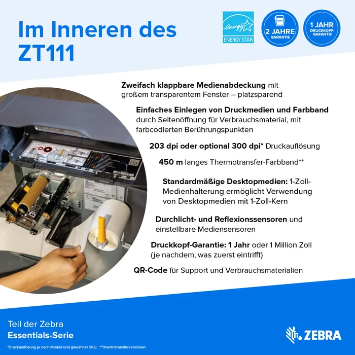 Etikettendrucker Zebra ZT111, 8 Punkte/mm (203dpi), EPL, EPLII, ZPL, ZPLII, USB, USB-Host, RS232, BT (BLE), Ethernet