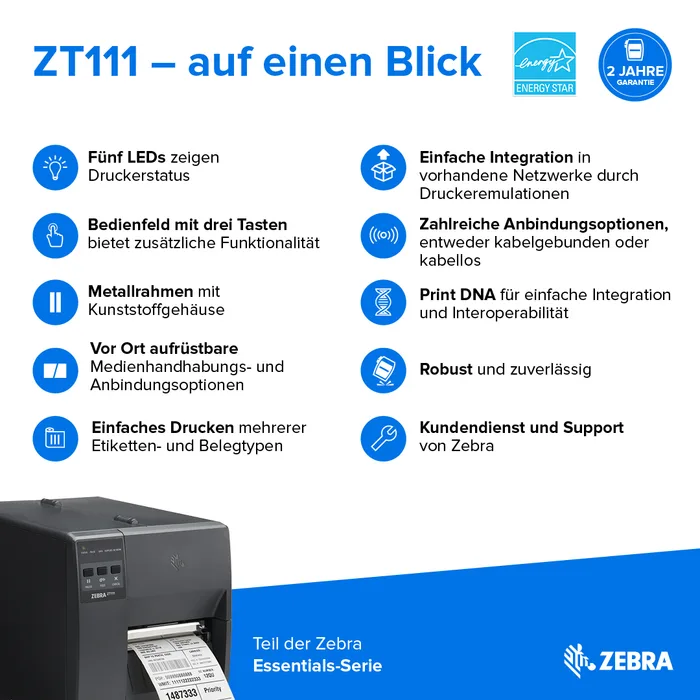 Etikettendrucker Zebra ZT111, 8 Punkte/mm (203dpi), EPL, EPLII, ZPL, ZPLII, USB, USB-Host, RS232, BT (BLE), Ethernet