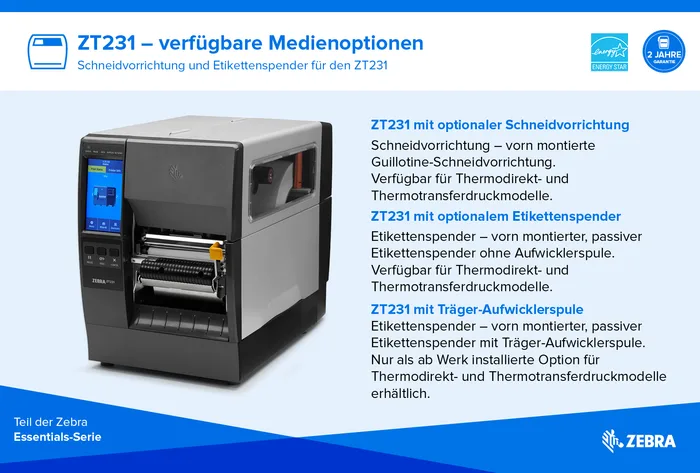 Etikettendrucker Zebra ZT231, Thermotransfer, 8 Punkte/mm (203dpi), Display, EPL, ZPL, ZPLII, USB, USB-Host, RS232, BT (BLE), Ethernet
