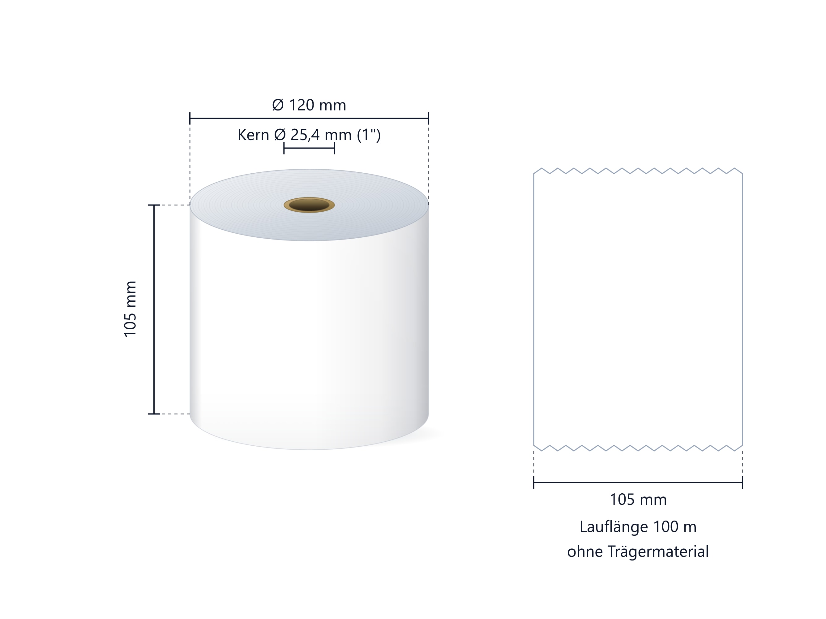 Linerless-Versandetiketten OptiCut 105 mm x 100 m, Thermodirekt, trägerlos, Rolle, 25-mm-Kern, für DHL, DPD & GLS | 1 Rolle