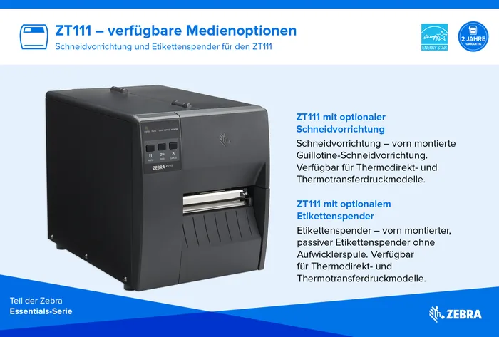 Etikettendrucker Zebra ZT111, 8 Punkte/mm (203dpi), EPL, EPLII, ZPL, ZPLII, USB, USB-Host, RS232, BT (BLE), Ethernet