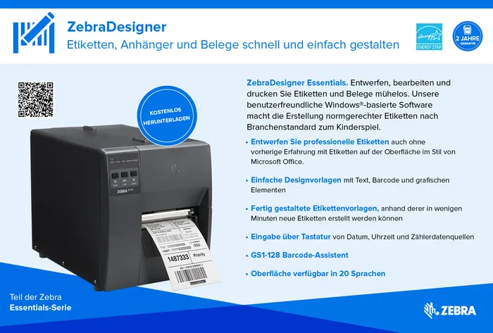 Etikettendrucker Zebra ZT111, 8 Punkte/mm (203dpi), EPL, EPLII, ZPL, ZPLII, USB, USB-Host, RS232, BT (BLE), Ethernet