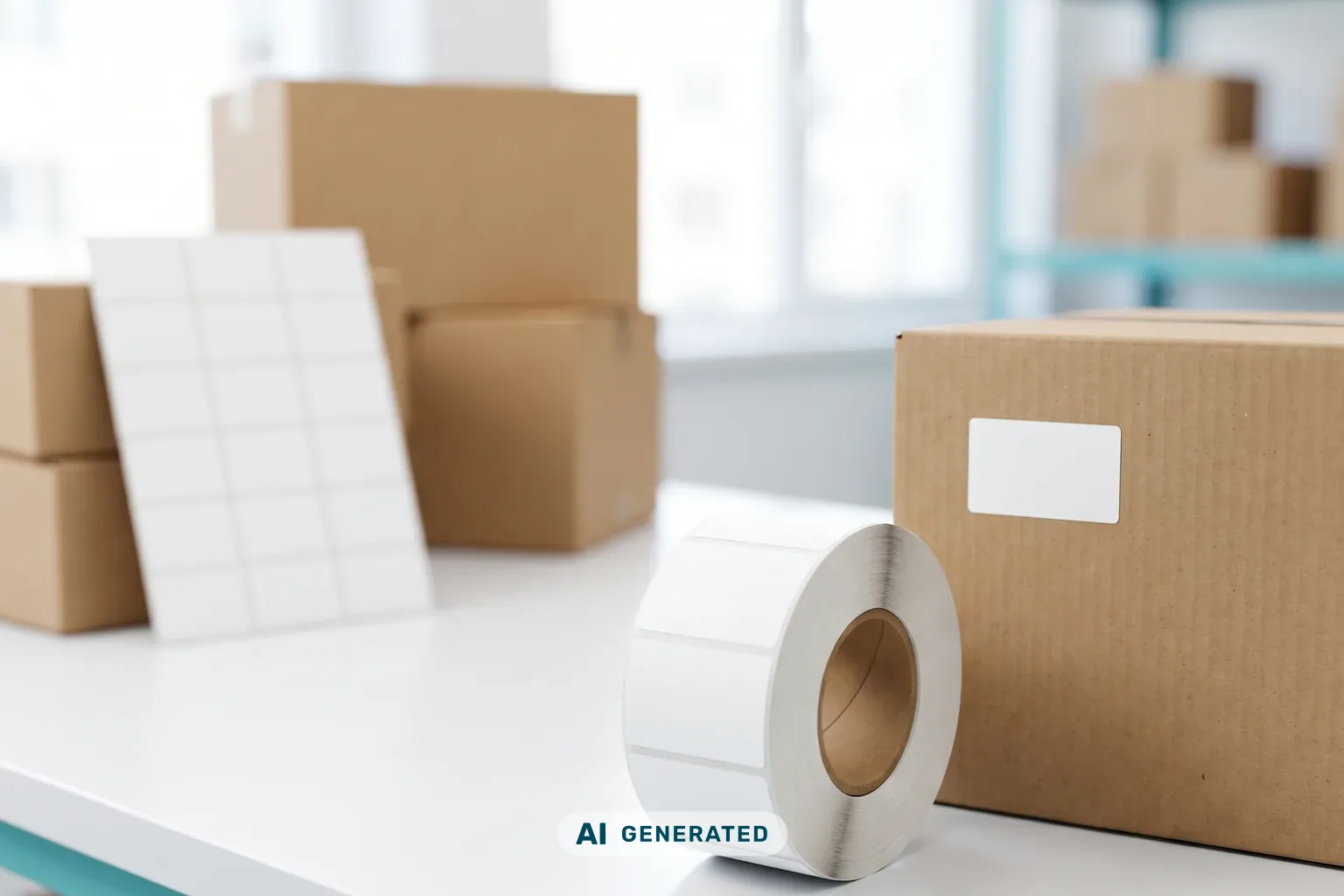 Rolle mit kleinen weißen Blanko-Etiketten und Bogenetiketten vor braunen Versandkartons auf einem Packtisch