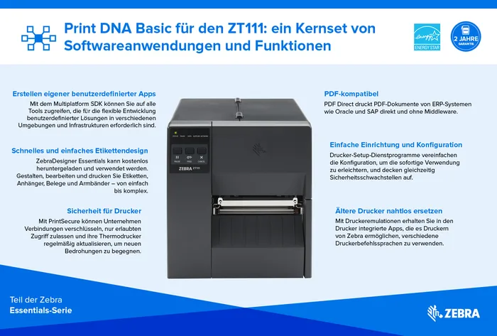 Etikettendrucker Zebra ZT111, 8 Punkte/mm (203dpi), EPL, EPLII, ZPL, ZPLII, USB, USB-Host, RS232, BT (BLE), Ethernet