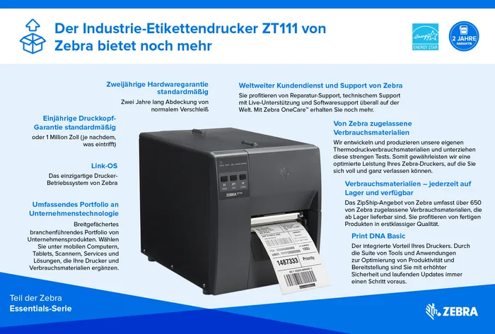 Etikettendrucker Zebra ZT111, 8 Punkte/mm (203dpi), EPL, EPLII, ZPL, ZPLII, USB, USB-Host, RS232, BT (BLE), Ethernet