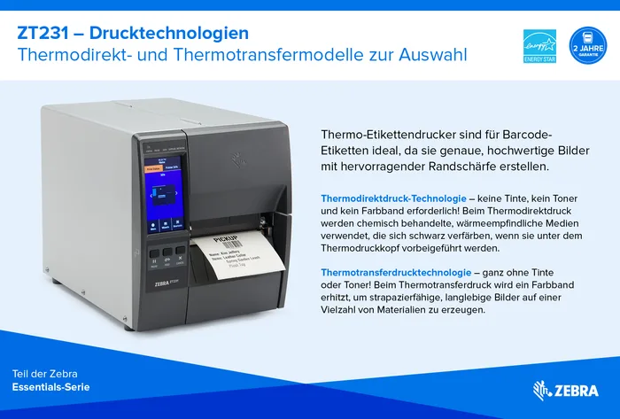 Etikettendrucker Zebra ZT231, Thermotransfer, 8 Punkte/mm (203dpi), Display, EPL, ZPL, ZPLII, USB, USB-Host, RS232, BT (BLE), Ethernet