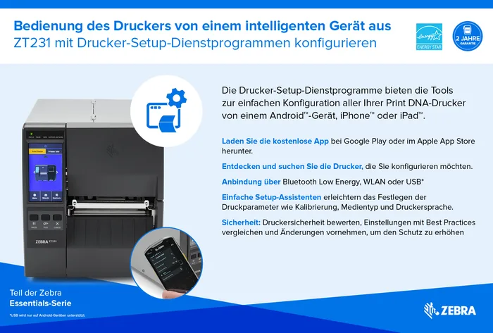 Etikettendrucker Zebra ZT231, Thermotransfer, 8 Punkte/mm (203dpi), Display, EPL, ZPL, ZPLII, USB, USB-Host, RS232, BT (BLE), Ethernet