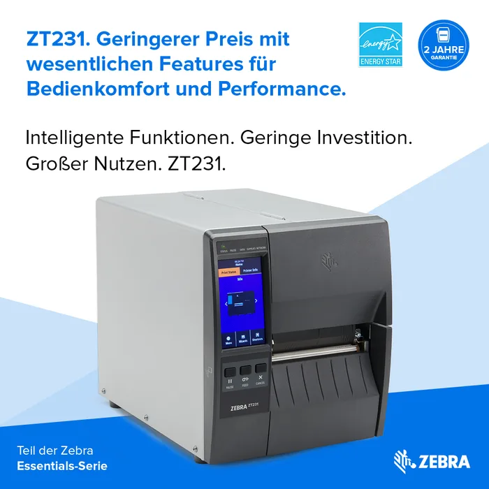 Etikettendrucker Zebra ZT231, Thermotransfer, 8 Punkte/mm (203dpi), Display, EPL, ZPL, ZPLII, USB, USB-Host, RS232, BT (BLE), Ethernet