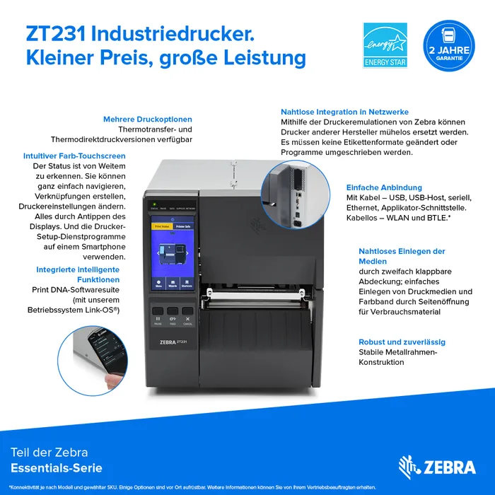 Etikettendrucker Zebra ZT231, Thermotransfer, 8 Punkte/mm (203dpi), Display, EPL, ZPL, ZPLII, USB, USB-Host, RS232, BT (BLE), Ethernet
