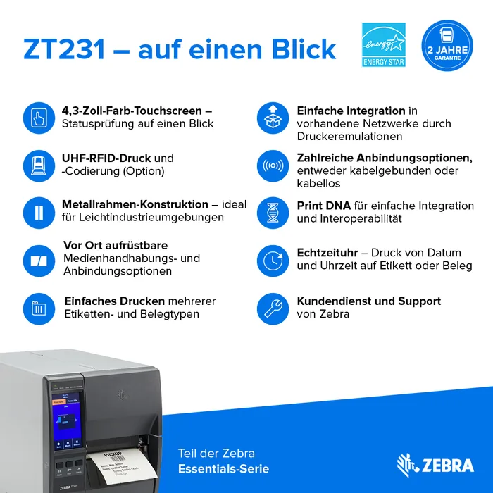 Etikettendrucker Zebra ZT231, Thermotransfer, 8 Punkte/mm (203dpi), Display, EPL, ZPL, ZPLII, USB, USB-Host, RS232, BT (BLE), Ethernet