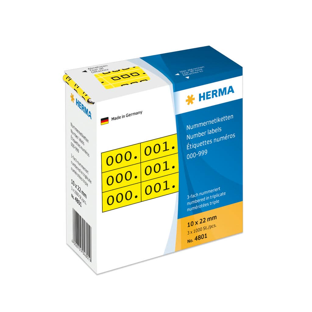 Nummernetiketten 0-999, dreifach, gelb/schwarz, selbstklebend – 10 x 22 mm