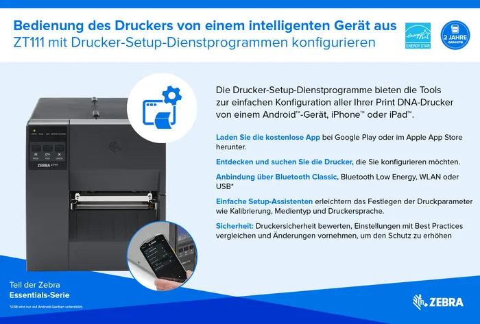 Etikettendrucker Zebra ZT111, 8 Punkte/mm (203dpi), EPL, EPLII, ZPL, ZPLII, USB, USB-Host, RS232, BT (BLE), Ethernet