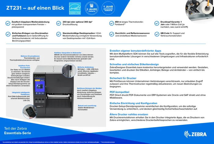 Etikettendrucker Zebra ZT231, Thermotransfer, 8 Punkte/mm (203dpi), Display, EPL, ZPL, ZPLII, USB, USB-Host, RS232, BT (BLE), Ethernet