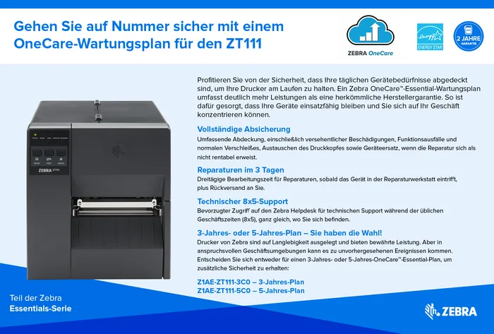 Etikettendrucker Zebra ZT111, 8 Punkte/mm (203dpi), EPL, EPLII, ZPL, ZPLII, USB, USB-Host, RS232, BT (BLE), Ethernet